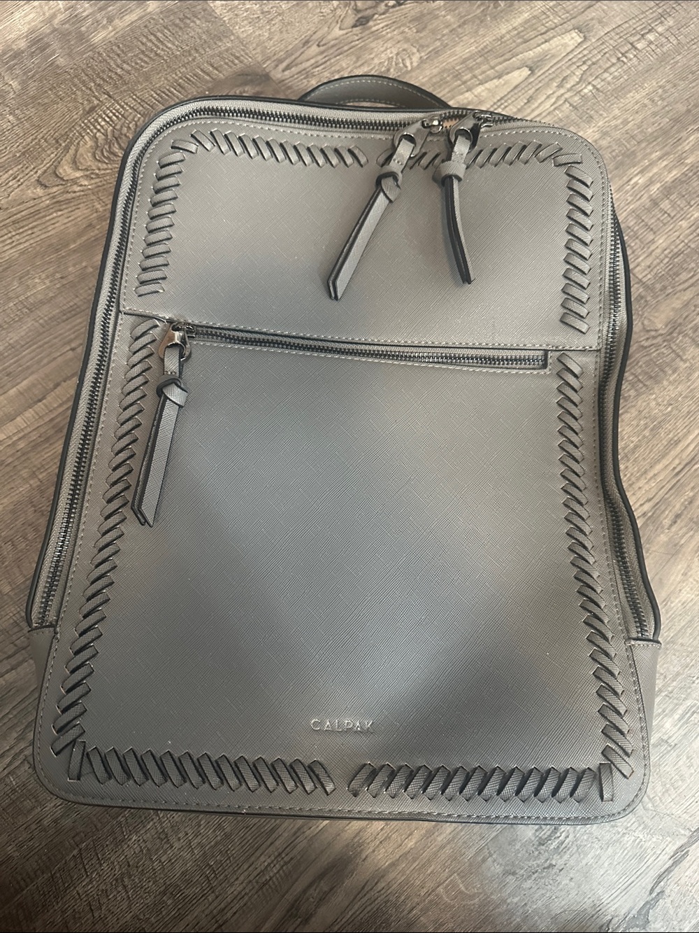 Calpak Gray Women's Saffiano Backpack with Whipstitch Detail